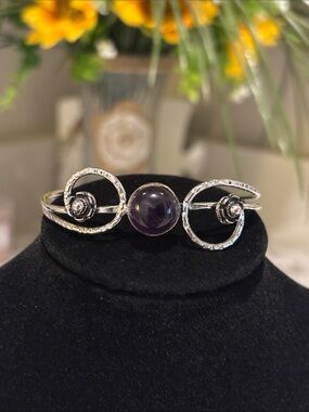 Silver Spiral Cuff Bracelet with Purple Amethyst Gemstone - Adjustable